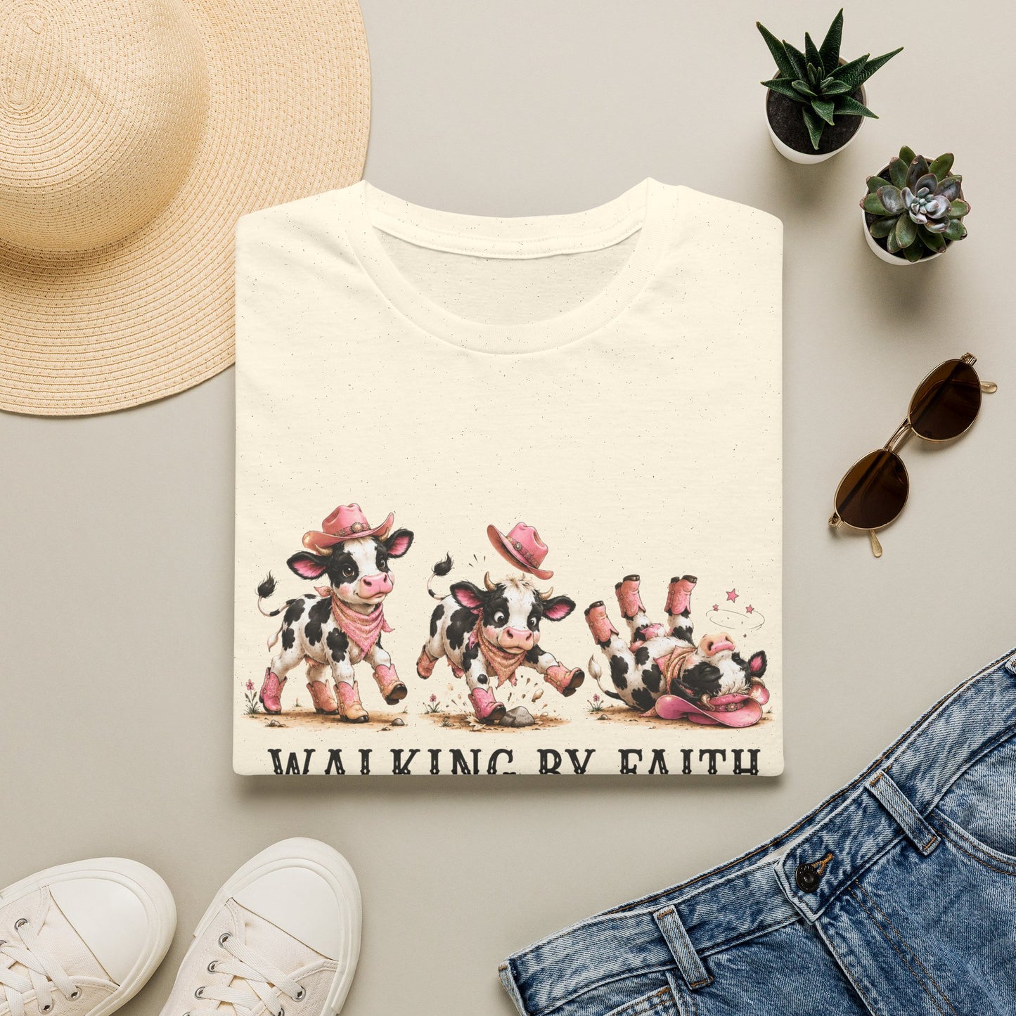 Walking By Faith Tripping Constantly T-Shirt – Cute Spotted Cow Design, Faith Humor Tee