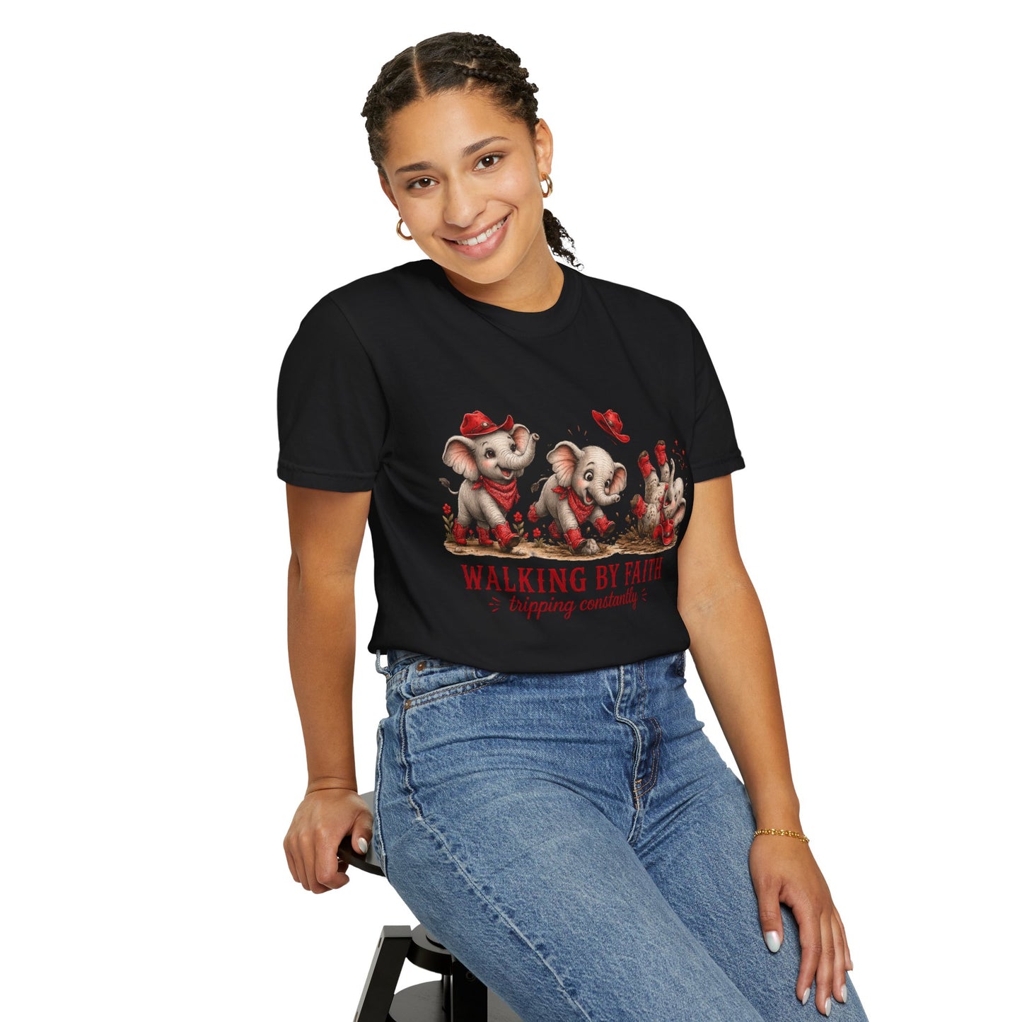Comfort Colors® Walking By Faith tripping constantly T-Shirt | Cute Red Elephant Shirt