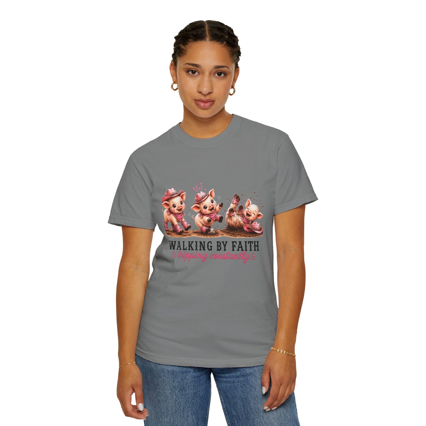 Comfort Colors® Walking By Faith Tripping Constantly Piglet Shirt, Pig Lovers Gift, Pig Shirt, Christian Gift, Faith Shirt, Whimsical Gifts