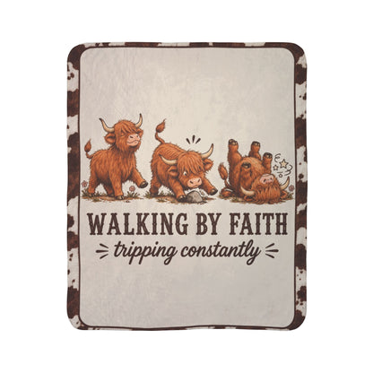 Limited Edition Walking By Faith Tripping Constantly Highland Cow Sherpa Blanket | Plush Fleece Throw, Extra Warm Cozy 50x60, Christmas Gift