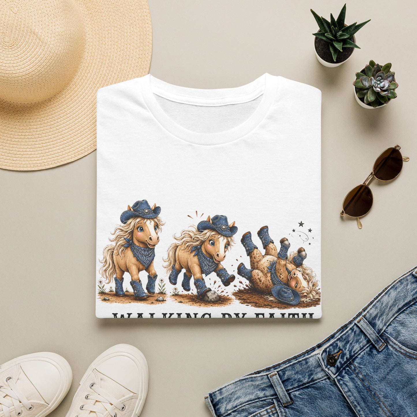 Walking by Faith (Tripping Constantly) Horse Denim Cowgirl  Graphic Tee