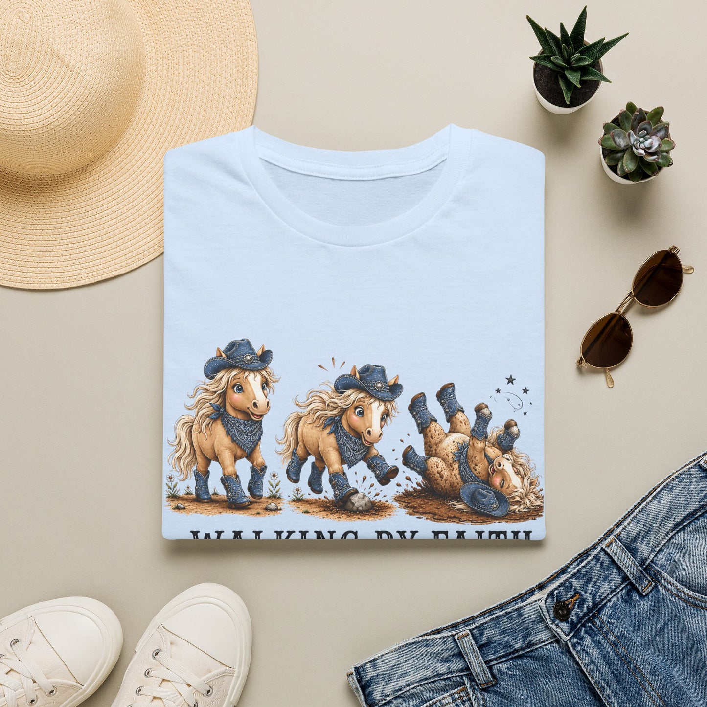Walking by Faith (Tripping Constantly) Horse Denim Cowgirl  Graphic Tee