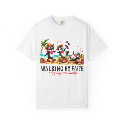Comfort Colors® Walking By Faith Tripping Constantly Shirt, Beach Penguin Shirt, Summer Vacation Tee, Funny Penguin Tee, Faith Based Shirt
