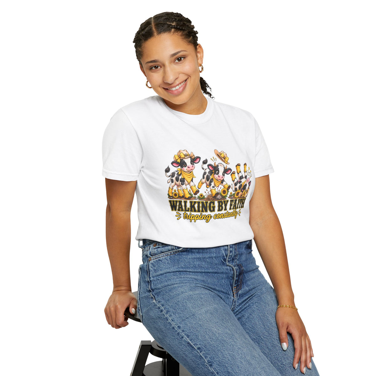 Comfort Colors® Walking By Faith Tripping Constantly Yellow Flowers Cow Shirt
