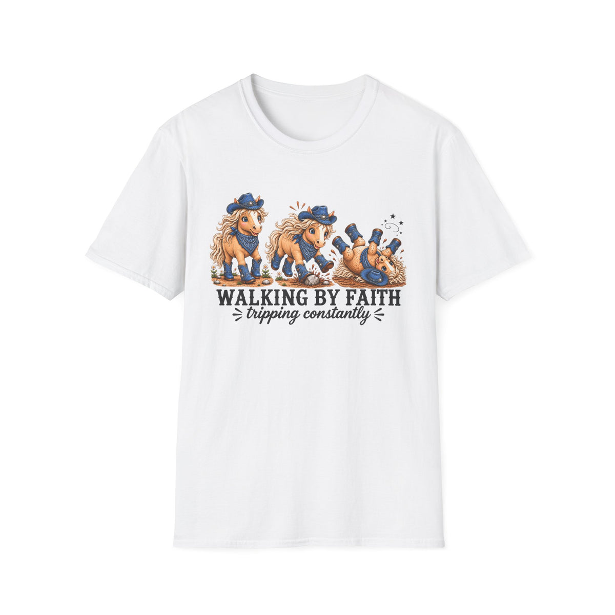 Walking by Faith (Tripping Constantly) Horse Denim Cowgirl Graphic Tee