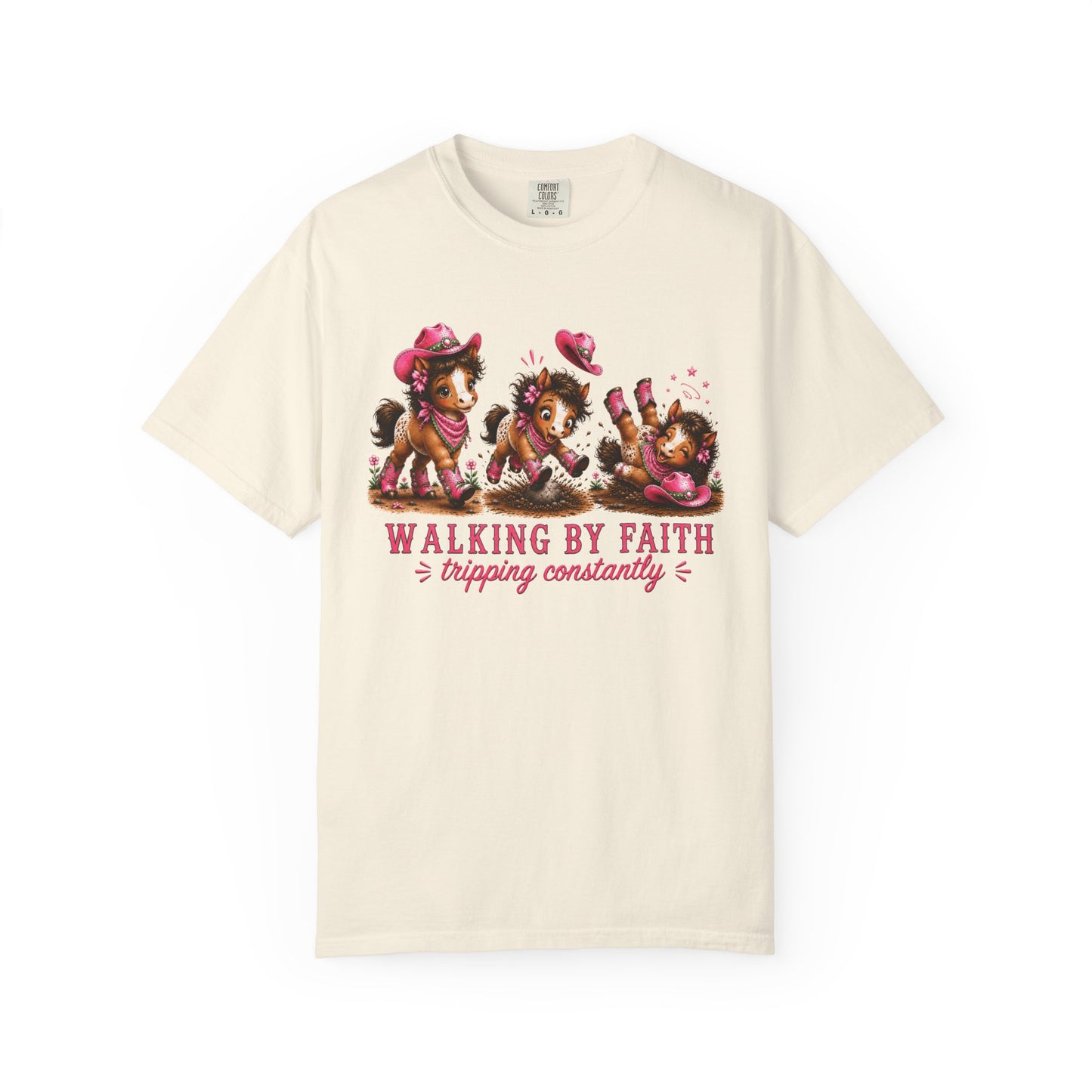 Comfort Colors® Walking By Faith Tripping Constantly Pretty Pink and Green Pony T-Shirt | Cute whimsical horse trendy religious faith Tee