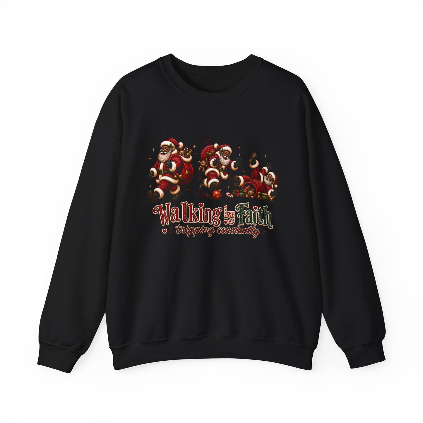 Walking By Faith Tripping Constantly Christmas Sweatshirt – Black Santa Crewneck, Afro American Holiday Shirt
