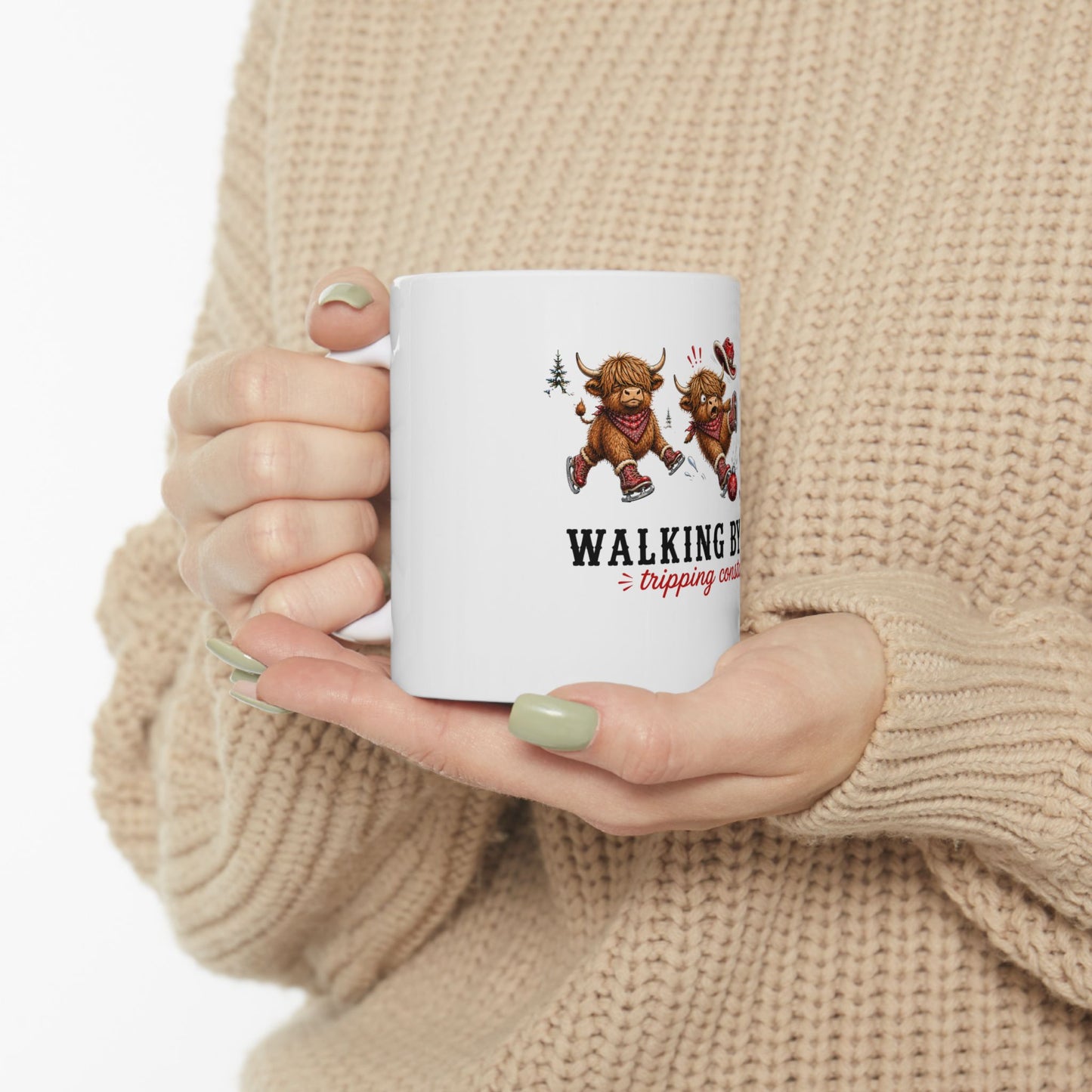 Walking By Faith Tripping Constantly Mug, Christmas Gift Highland Cow Lover, Faith Religious Christian Coffee Mug, Winter Holiday Gift