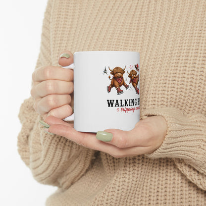 Walking By Faith Tripping Constantly Mug, Christmas Gift Highland Cow Lover, Faith Religious Christian Coffee Mug, Winter Holiday Gift