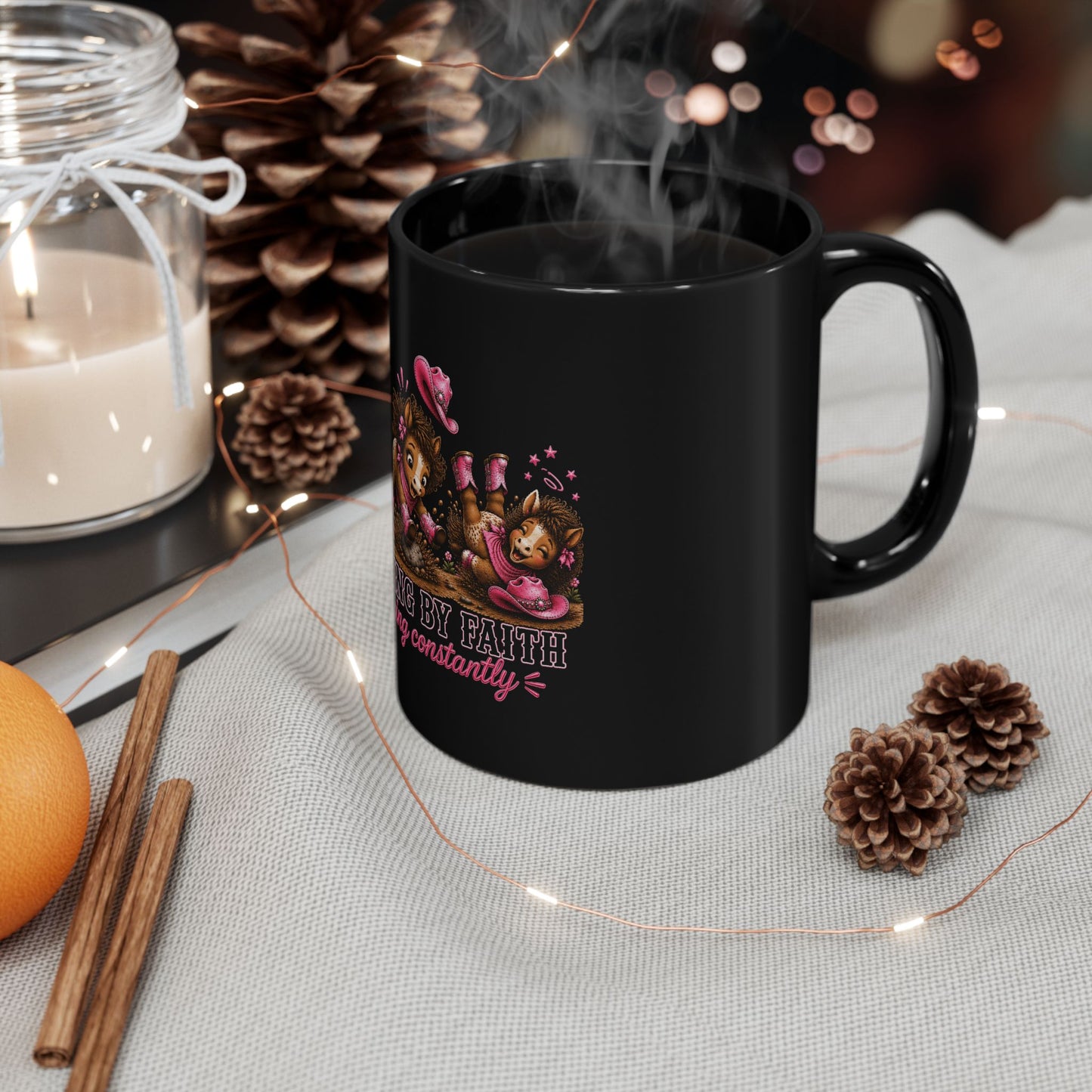Walking By Faith Tripping Constantly Mug, Cute Cowgirl Horse Mug, Whimsical Western Cowgirl Gift, Christian Cowgirl Mug