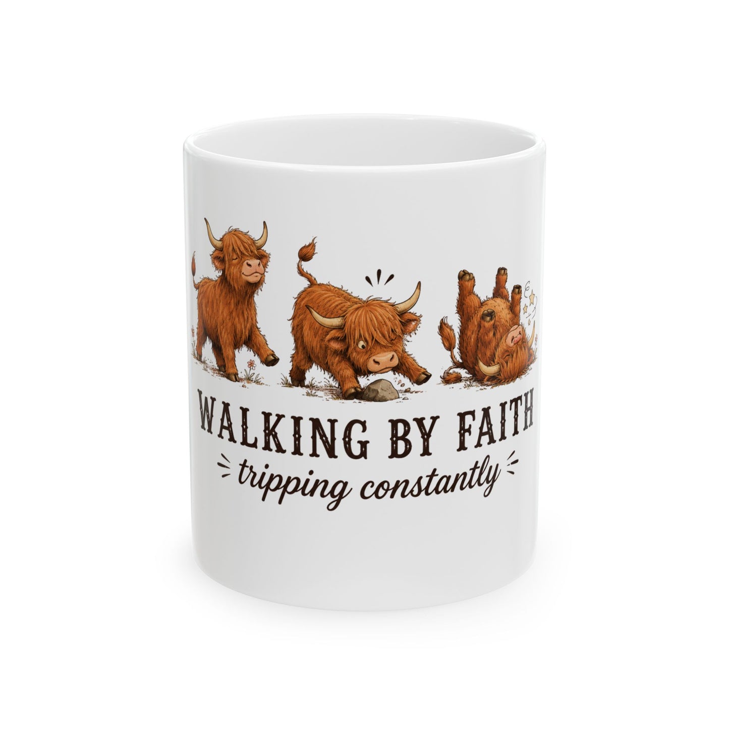 Walking By Faith Tripping Constantly Highland Cow Mug, Christian Coffee Cup, Funny Faith Humor Graphic Quote Religious Farmhouse Gift