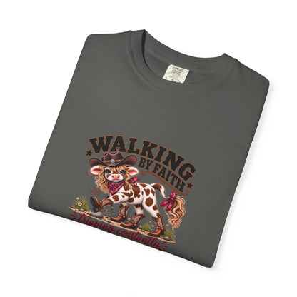 Walking By Faith Tripping Constantly Sassy Cow Comfort Colors® Cowgirl Tee