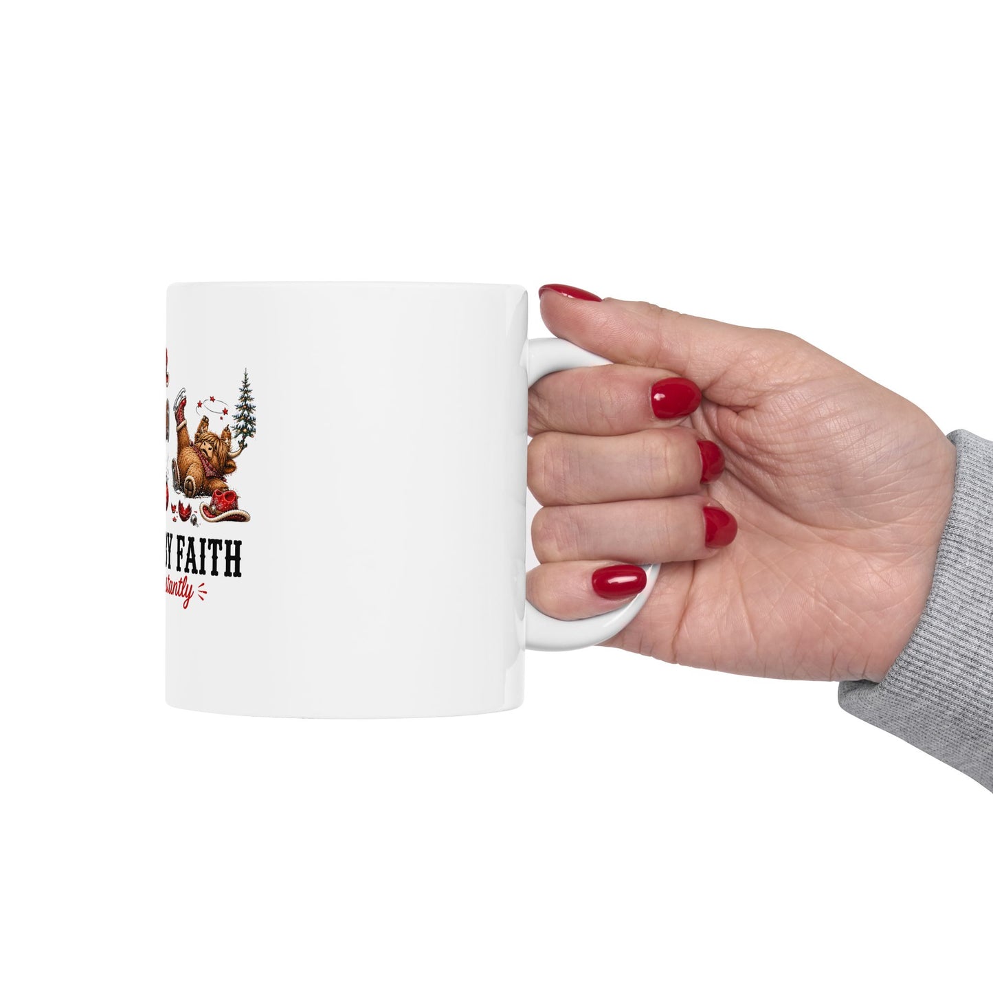 Walking By Faith Tripping Constantly Mug, Christmas Gift Highland Cow Lover, Faith Religious Christian Coffee Mug, Winter Holiday Gift