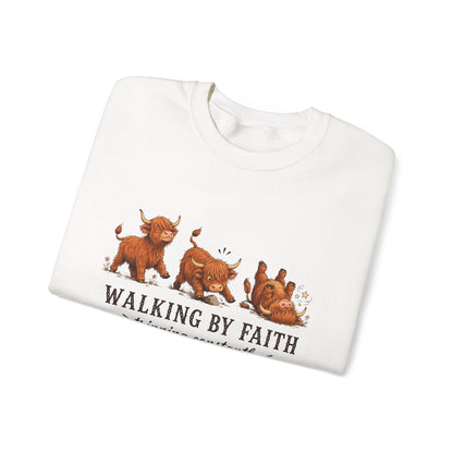 Walking By Faith Tripping Constantly Highland Cow Christmas Winter Sweatshirt