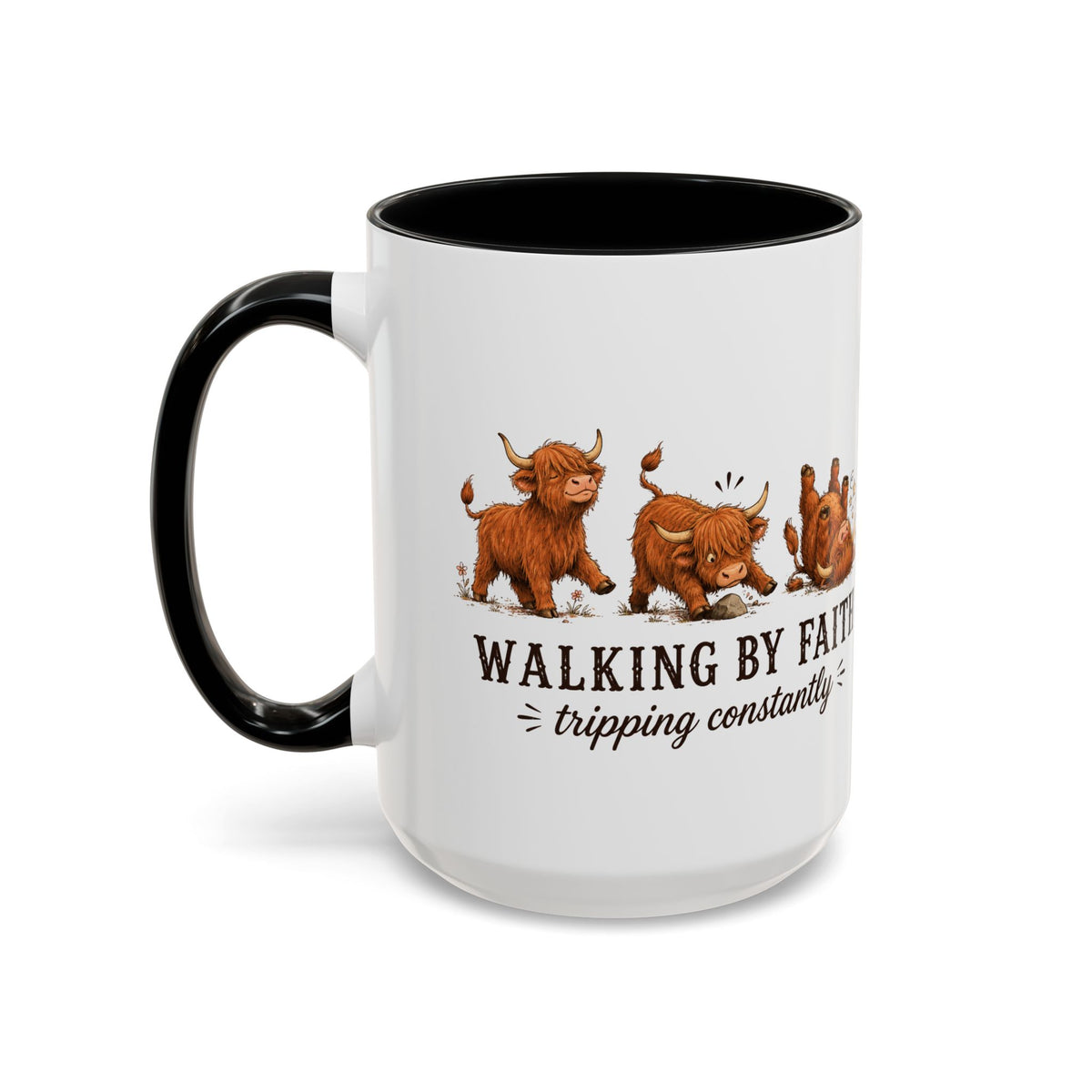 Personalized Walking By Faith Tripping Constantly Mug, Custom Name Highland Cow Mug, Funny Faith Coffee Cup, Cute Cow Gift for Her
