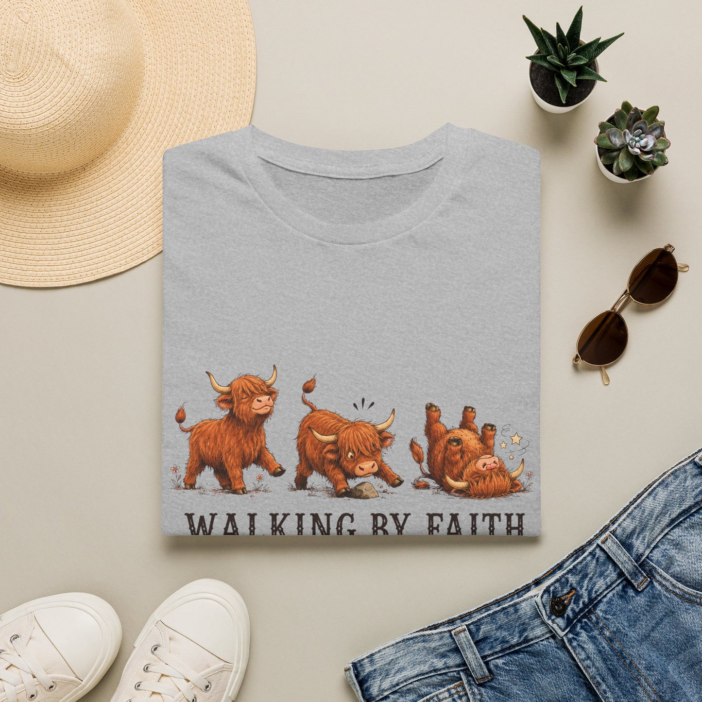 Walking By Faith Tripping Constantly T-Shirt – Cute Highland Cow Design, Faith Humor Tee