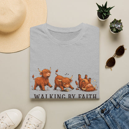Walking By Faith Tripping Constantly T-Shirt – Cute Highland Cow Design, Faith Humor Tee