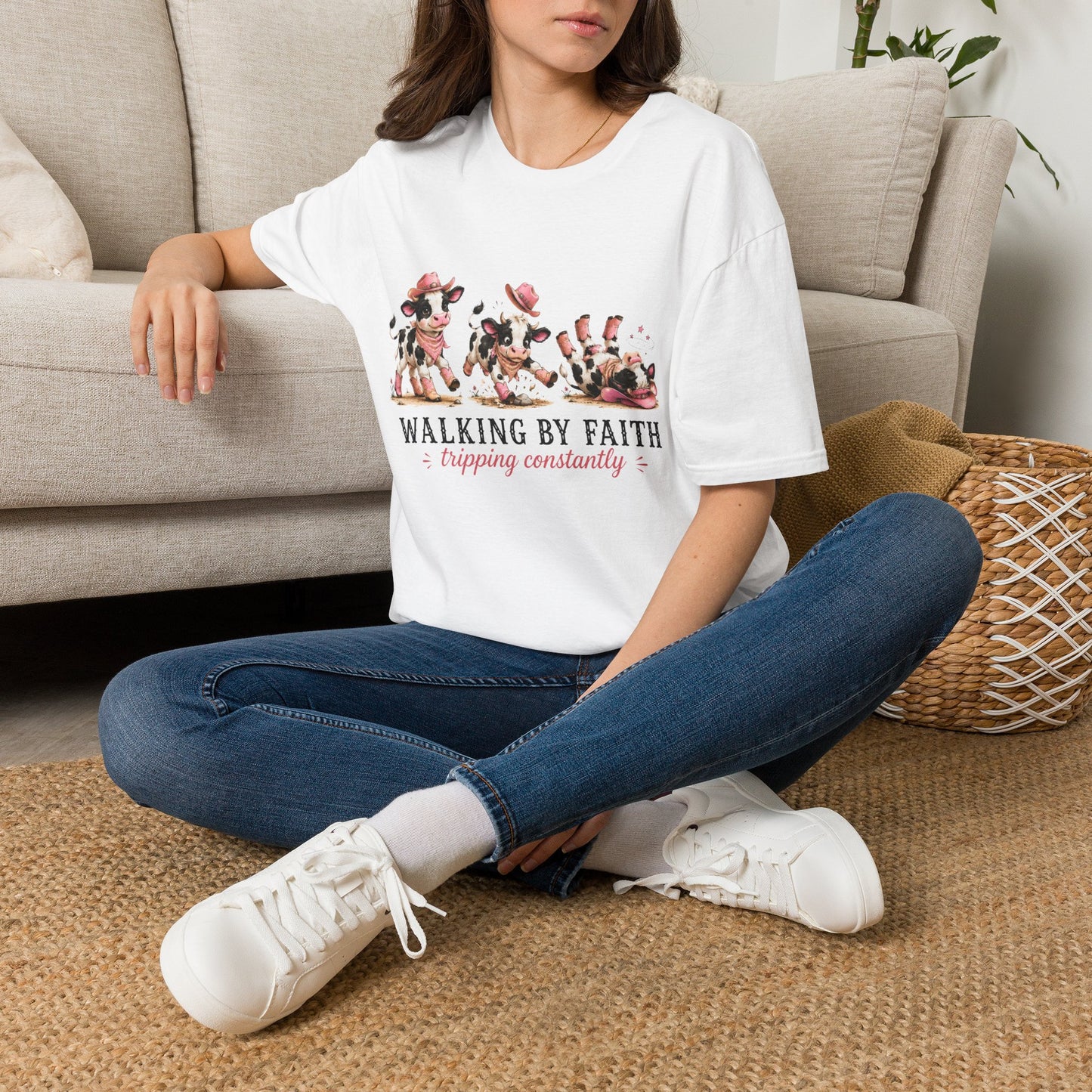 Walking By Faith Tripping Constantly T-Shirt – Cute Spotted Cow Design, Faith Humor Tee