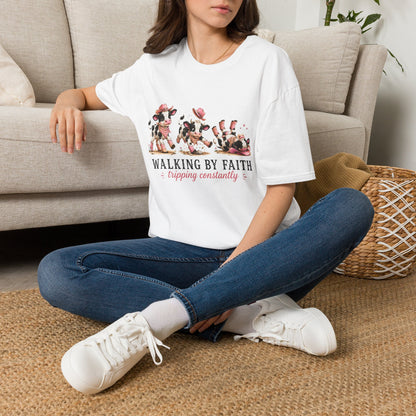 Walking By Faith Tripping Constantly T-Shirt – Cute Spotted Cow Design, Faith Humor Tee