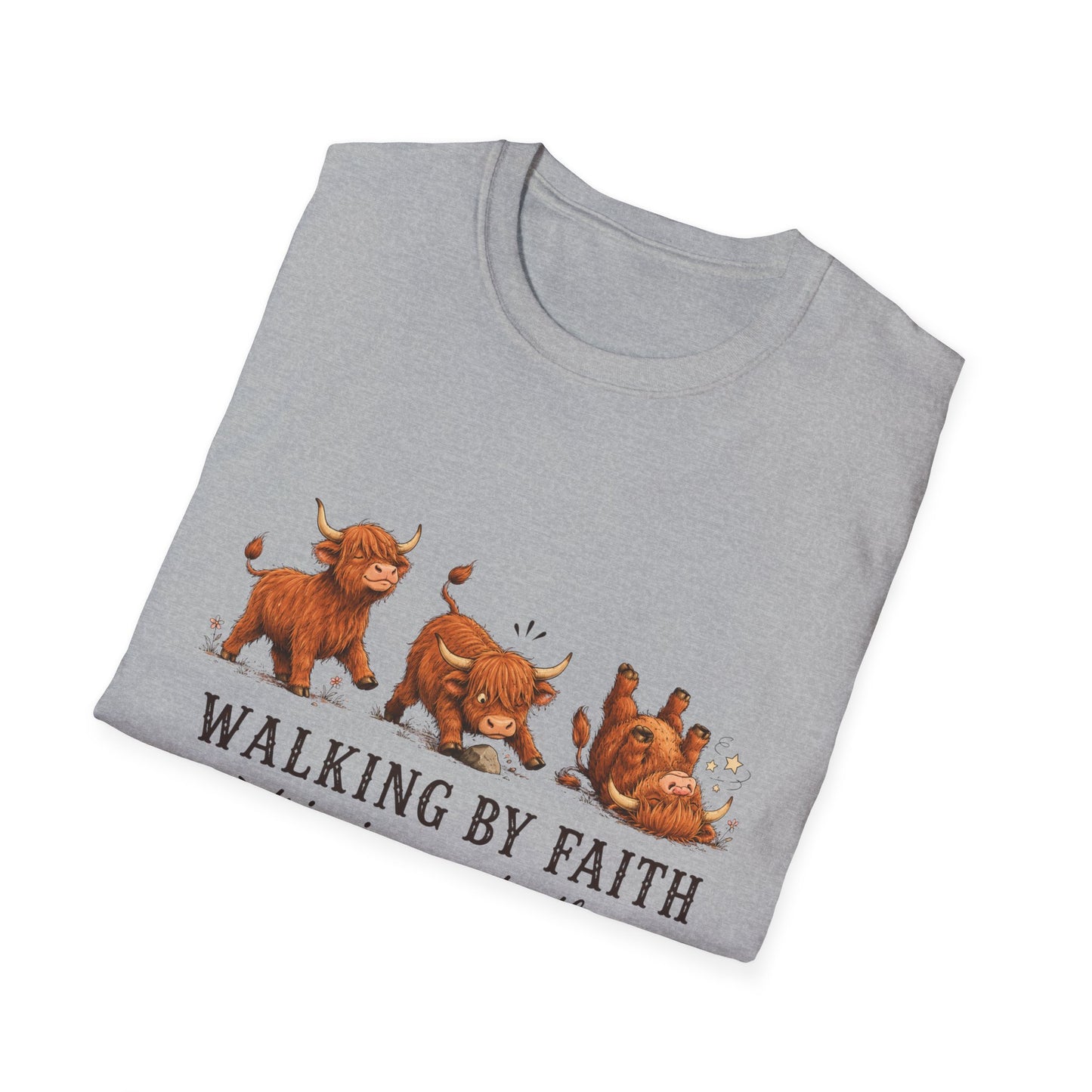 Walking By Faith Tripping Constantly T-Shirt – Cute Highland Cow Design, Faith Humor Tee