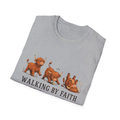 Walking By Faith Tripping Constantly T-Shirt – Cute Highland Cow Design, Faith Humor Tee