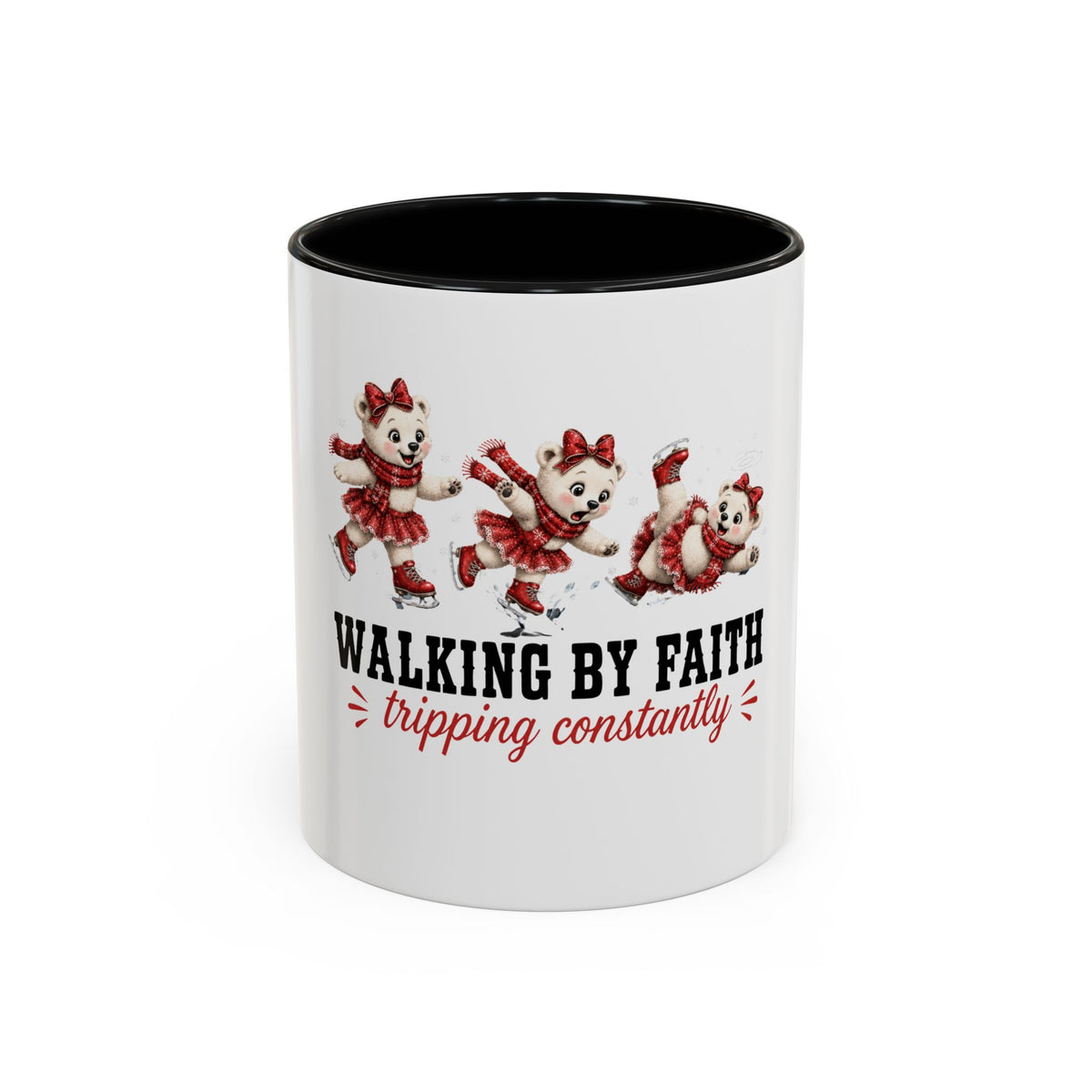 Walking By Faith Tripping Constantly Polar Bear Mug, Christmas Ice Skating Coffee Cup