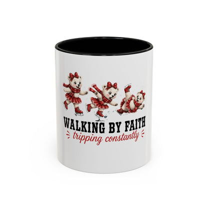 Walking By Faith Tripping Constantly Polar Bear Mug, Christmas Ice Skating Coffee Cup