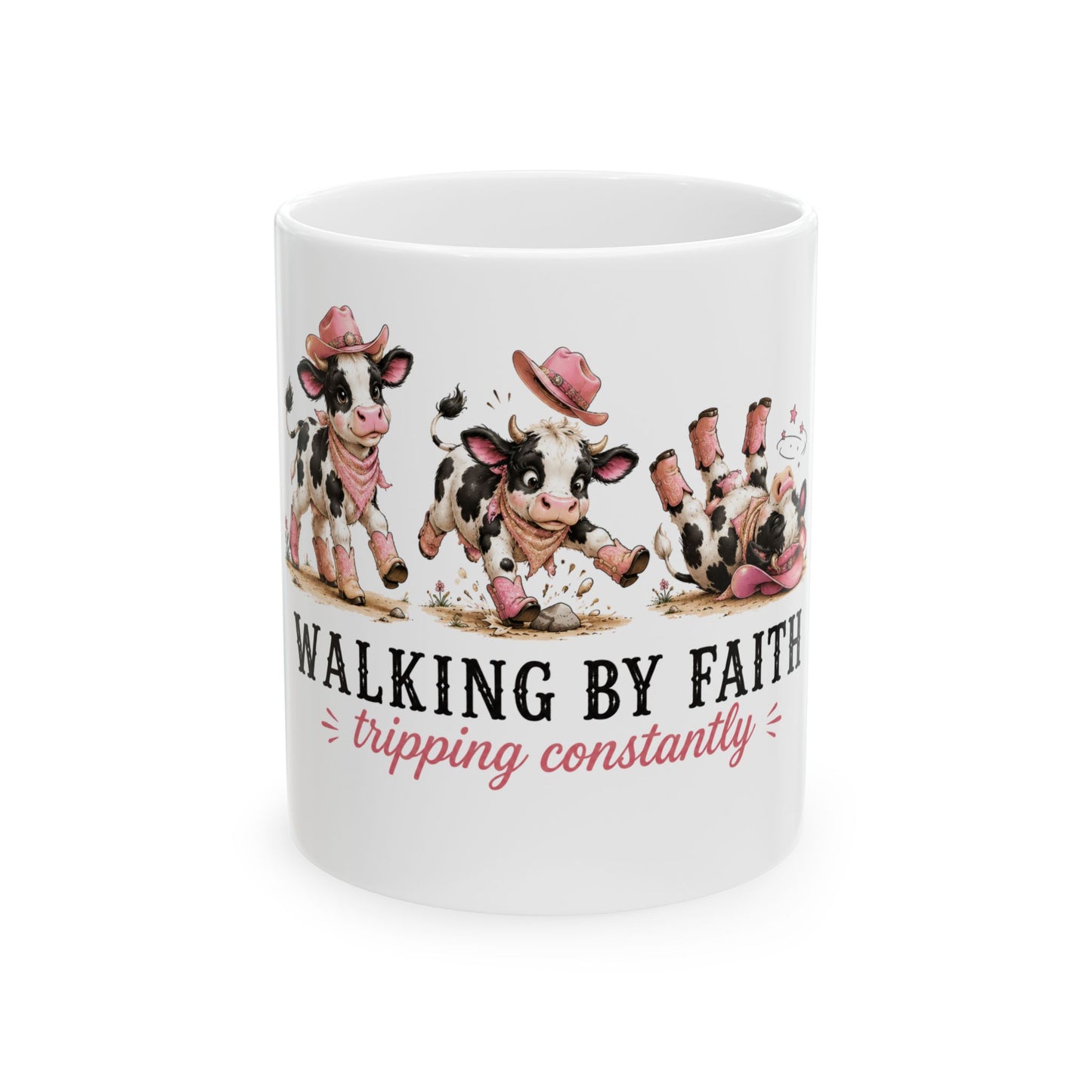 Walking By Faith Tripping Constantly Cow Mug, Christian Coffee Cup, Funny Faith Humor Graphic Quote Religious Farmhouse Coffee Mug Gift