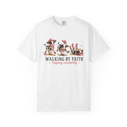 Comfort Colors® Walking by Faith Tripping Constantly Cow Tee, Christian Shirt Women, Funny Faith Humor Gospel Graphic Quote Religious Tee