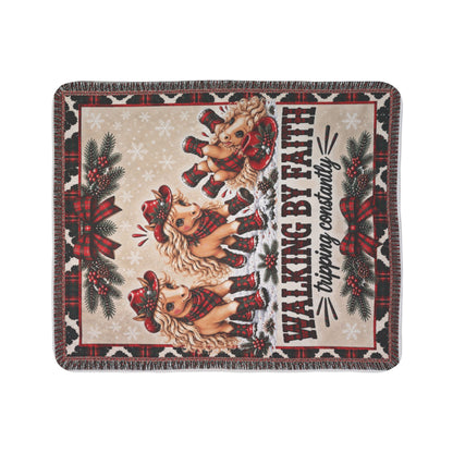 Walking By Faith Tripping Constantly Christmas Sherpa Blanket, Plaid Cowgirl Horse Throw, Western Holiday Cow Print Fleece Blanket