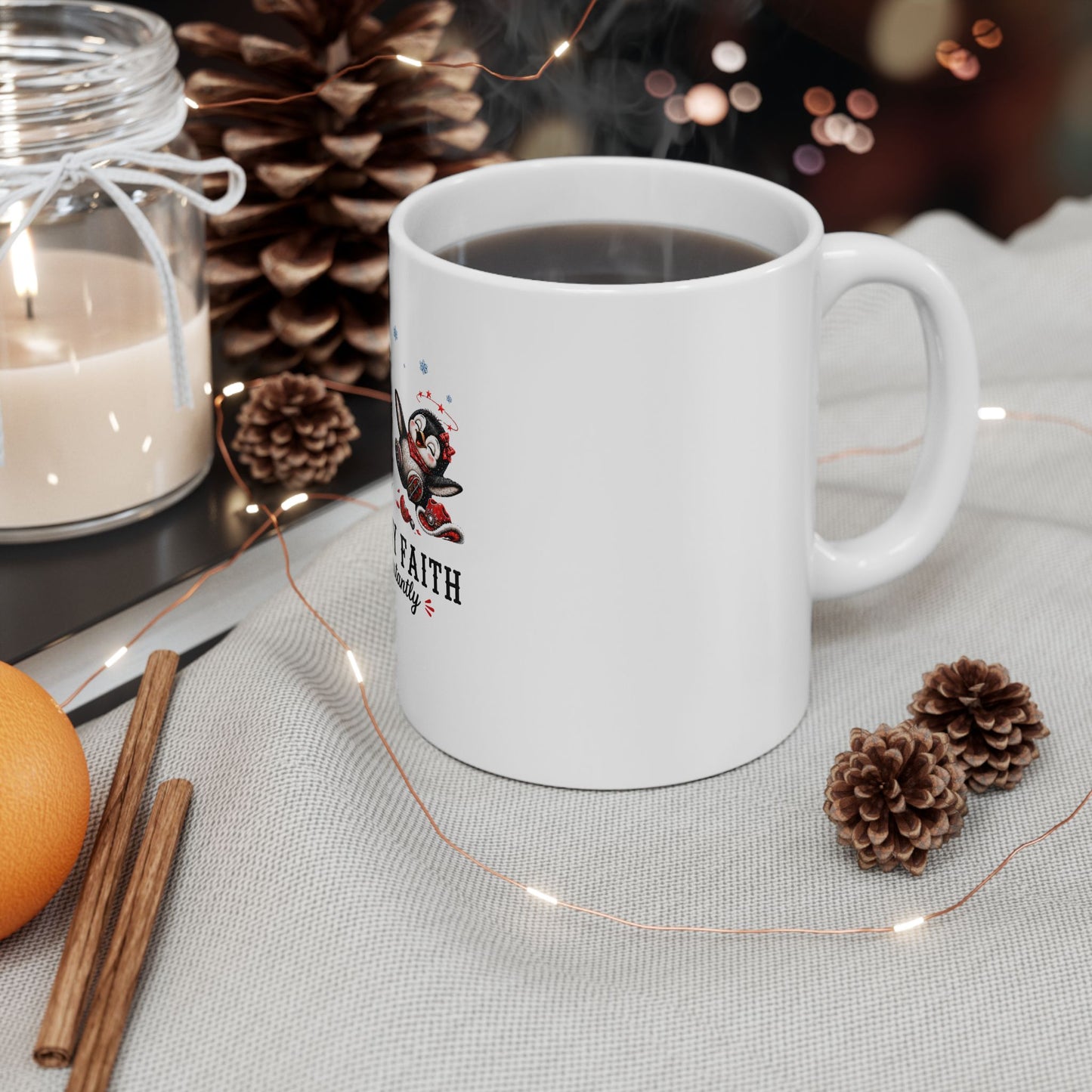 Walking By Faith Tripping Constantly Mug, Penguin Ice Skate Holiday Mug, Winter Gift Mug, Christmas Coffee Mug, Cute Penguin Gift