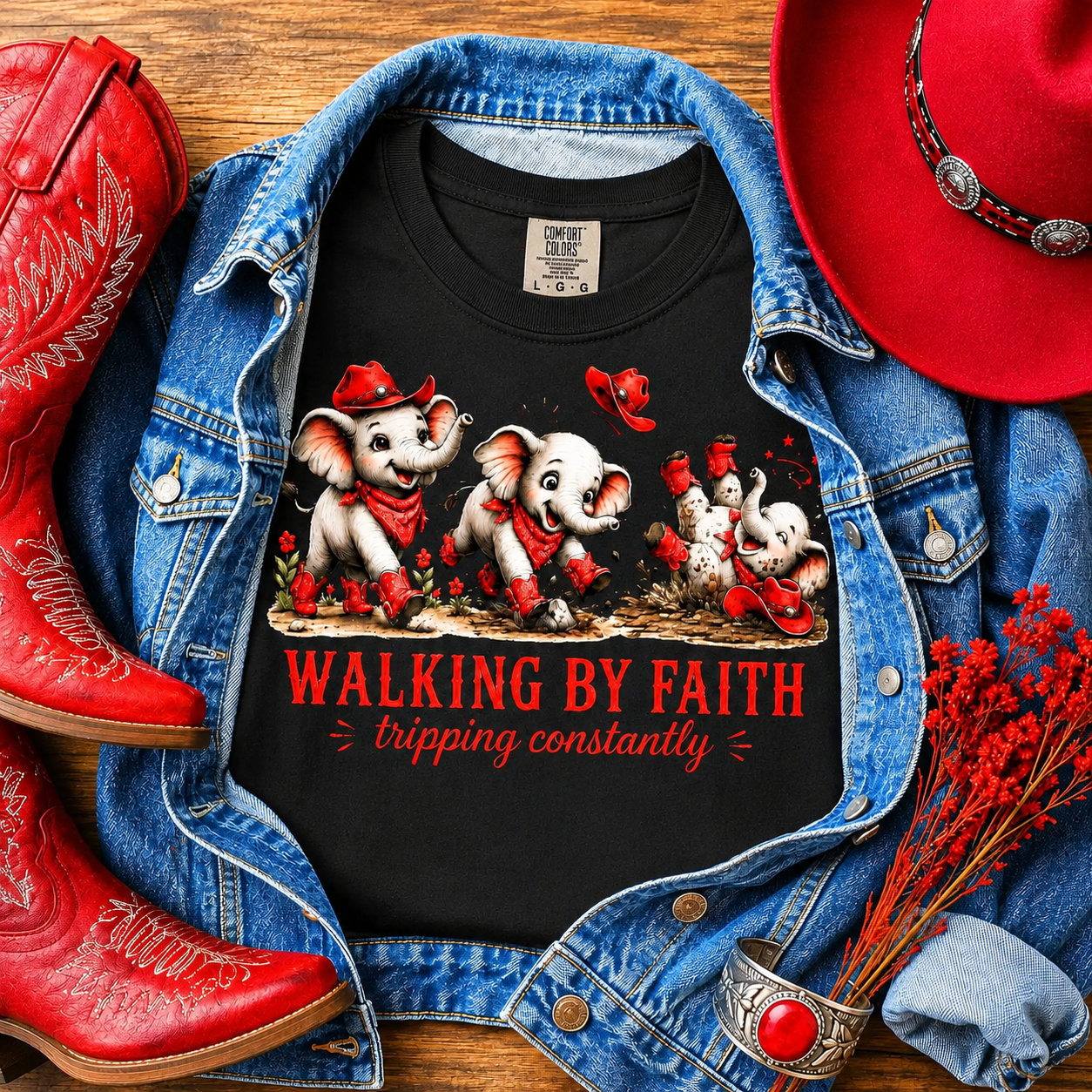 Walking By Faith Tripping Constantly PNG Cute Red Elephant Design Funny Faith Png Christian  Sublimation Digital Download File