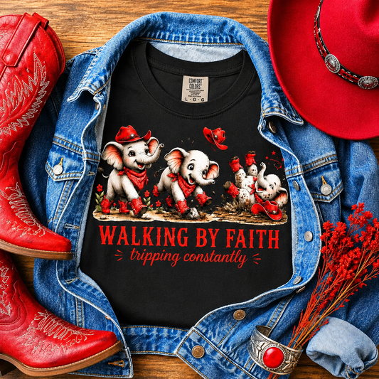 Walking By Faith Tripping Constantly PNG Cute Red Elephant Design Funny Faith Png Christian  Sublimation Digital Download File