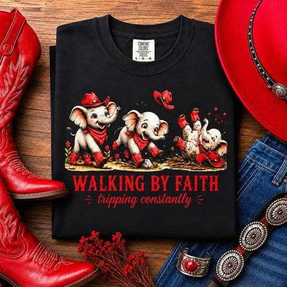 Comfort Colors® Walking By Faith tripping constantly T-Shirt | Cute Red Elephant Shirt