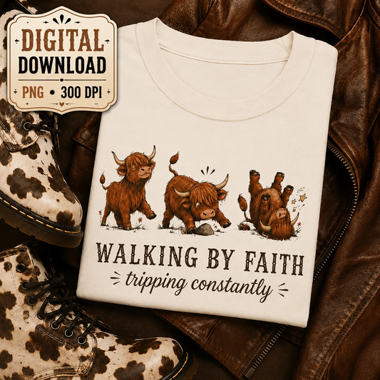 Walking by Faith Tripping Constantly Highland Cow Digital Download