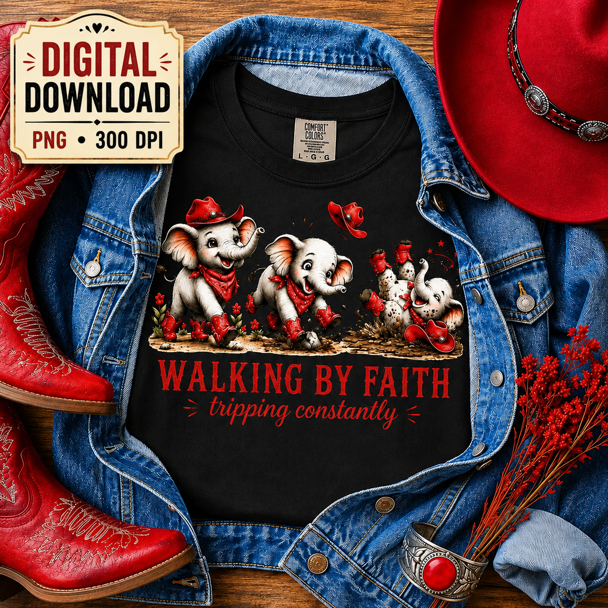 Walking By Faith Tripping Constantly Cute Red Elephant Digital Download